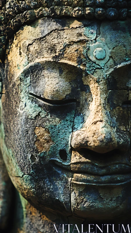 Weathered stone Buddha face with close-up surface detail.