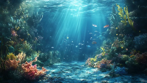Sunlit coral reef with diverse tropical fish underwater scene.
