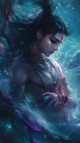 Divine warrior draped in jeweled robes stands in glowing water