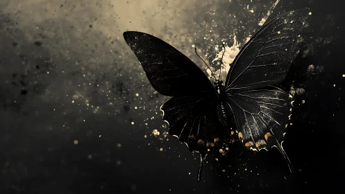 Dark butterfly emerges in a storm of golden paint splashes