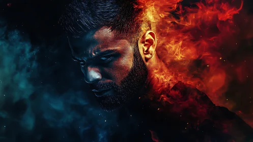 Brooding fire and frost guardian wrapped in cosmic embers.