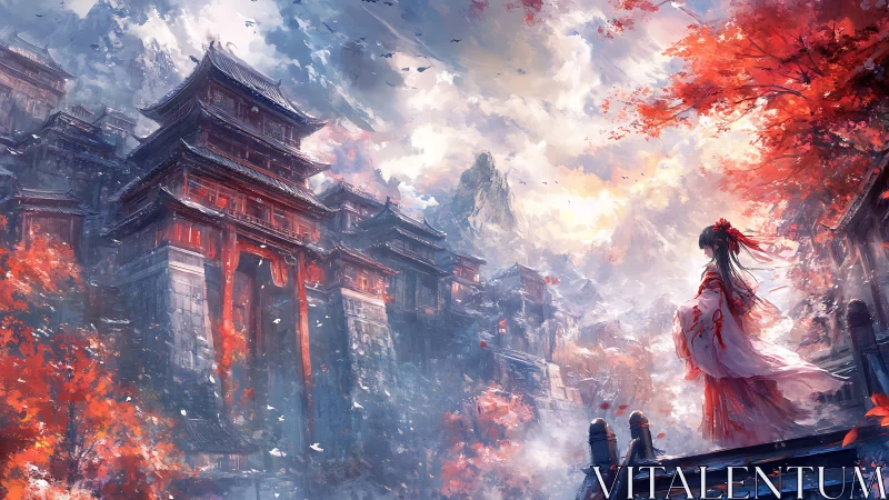 Red-clad figure surveys misty imperial mountain citadel