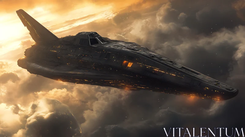 Angular starship hull cuts through volumetric storm clouds at dusk