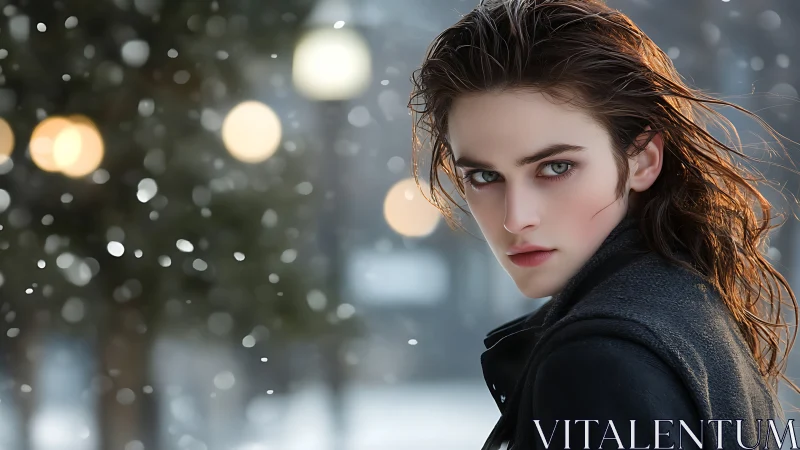 Winter-lit gaze carves fierce calm through drifting snow