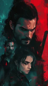 Moody digital portrait triptych with teal red contrast.