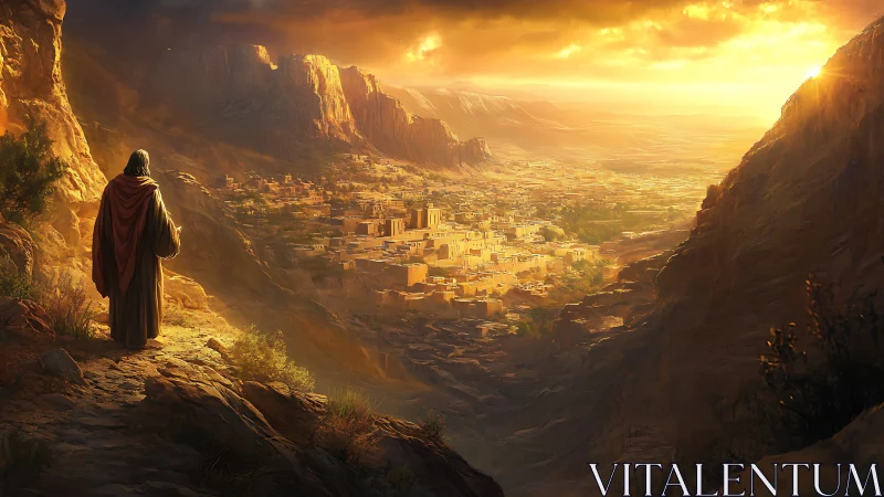 Sunlit prophet watches a valley city ignite with golden dawn
