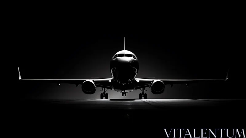 Jet airliner nose view under dramatic low key lighting contrast