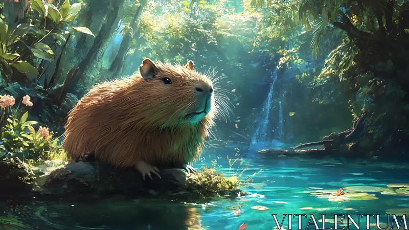 Capybara on mossy rock beside turquoise forest waterfall pool