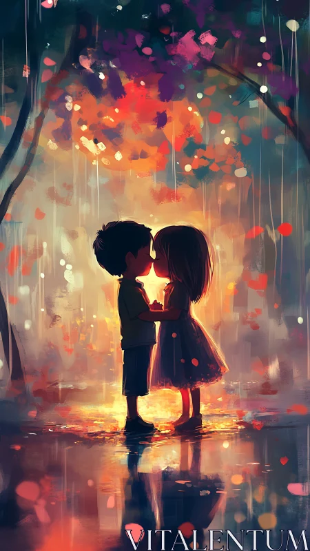 Two silhouetted figures share intimate moment beneath golden bokeh
