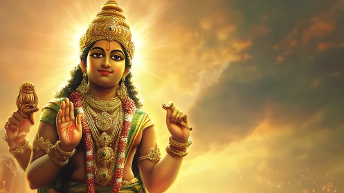 Hindu deity figure stands front lit against radiant sky