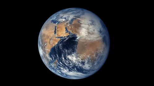 Planet Earth floats in space with vivid clouds and deserts.