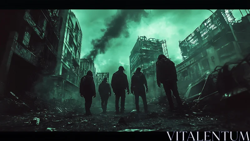Hooded survivors traverse toxic green-lit urban ruins at dusk