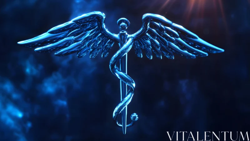 Shiny Caduceus Symbol in Futuristic Blue Digital Art Style.