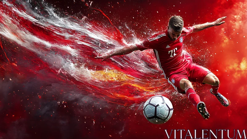 Dynamic soccer striker in mid-air kick with fluid motion trails