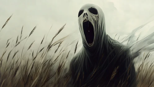 Digital painting of spectral wraith in desolate grassland field.