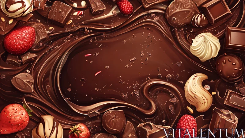 Swirling chocolate dream with berries and playful sweets.