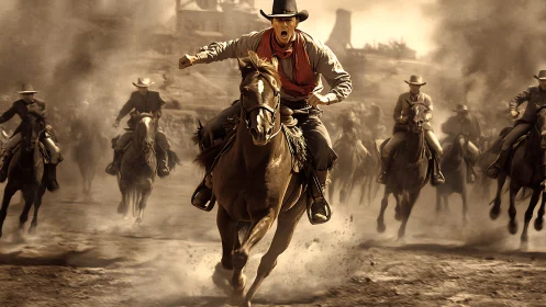 Cowboy stampede erupts in a dusty Old West horse charge.