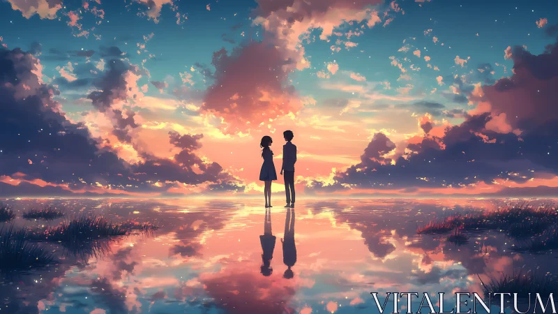 Silhouetted couple on reflective tidal flats at luminous sunset