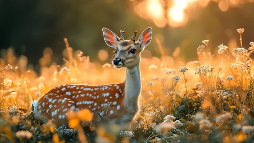 Golden meadow fawn rests softly in warm evening sunlight