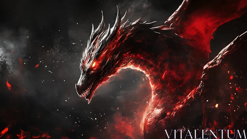 Infernal crimson dragon twisting through burning smoke.