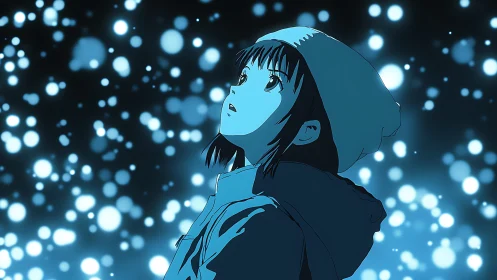 Soft blue glow surrounds a thoughtful girl in quiet wonder