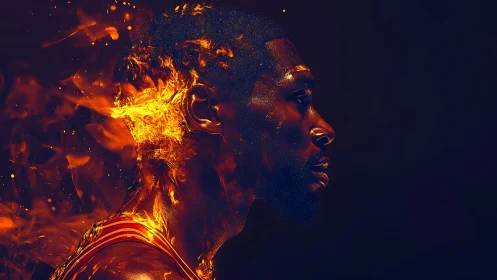 Flaming athlete portrait in molten orange and ember glow.