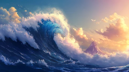 Large breaking ocean wave moves toward distant conical peak