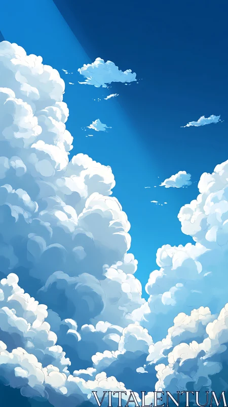 Sunlit cotton clouds drifting across a peaceful blue sky.