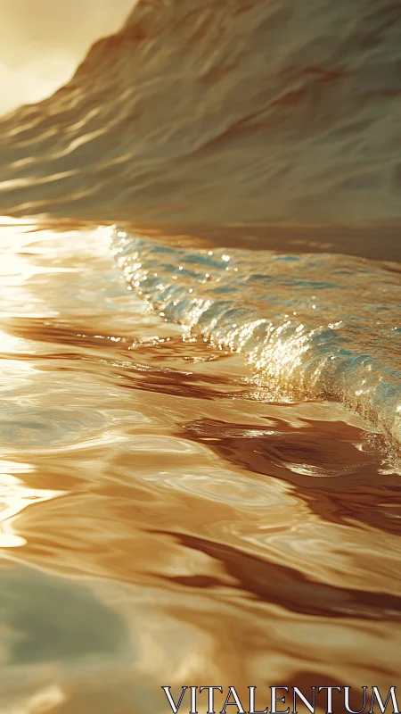Low-angle view of sunlit ocean wave with golden reflections.