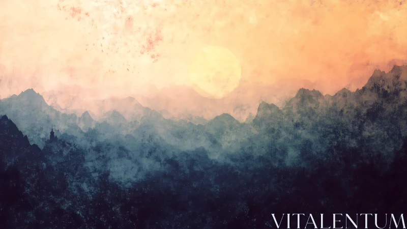 Textured atmospheric mountain range under diffuse sunset glow