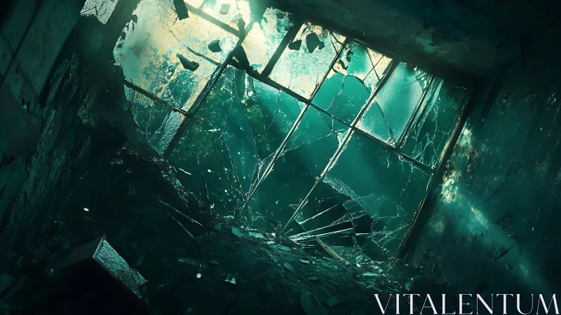 Shattered window in decayed teal room with debris light.