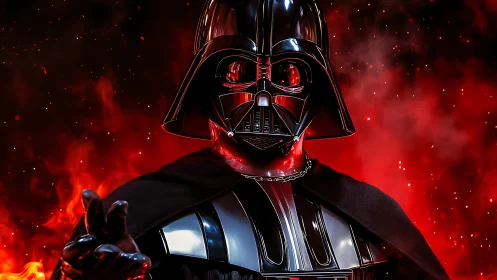 High-gloss black armored figure against volumetric red fire haze