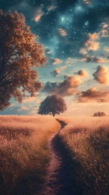 Starlit meadow path cuts through glowing dusk grasses.