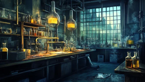 Alchemist&rsquo;s dusk lab aglow with floating glass crucibles.