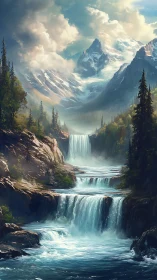 Peaceful mountain waterfalls in a sunlit alpine valley.
