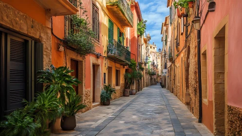 Mediterranean alleyway glows with warm facades and plants.