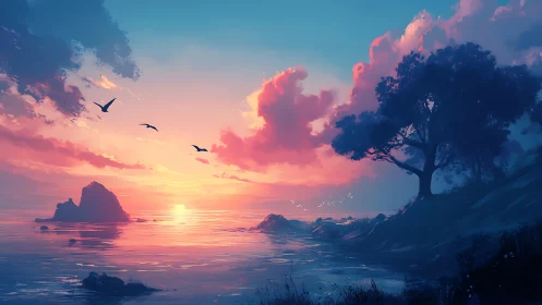 Cotton-candy dusk over quiet cove and storybook silhouettes.