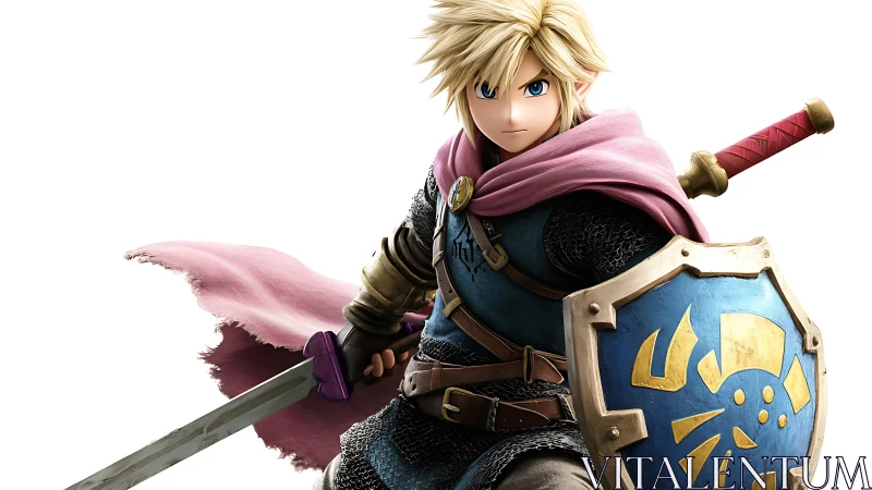 Blond anime swordsman braces for battle with gleaming shield.