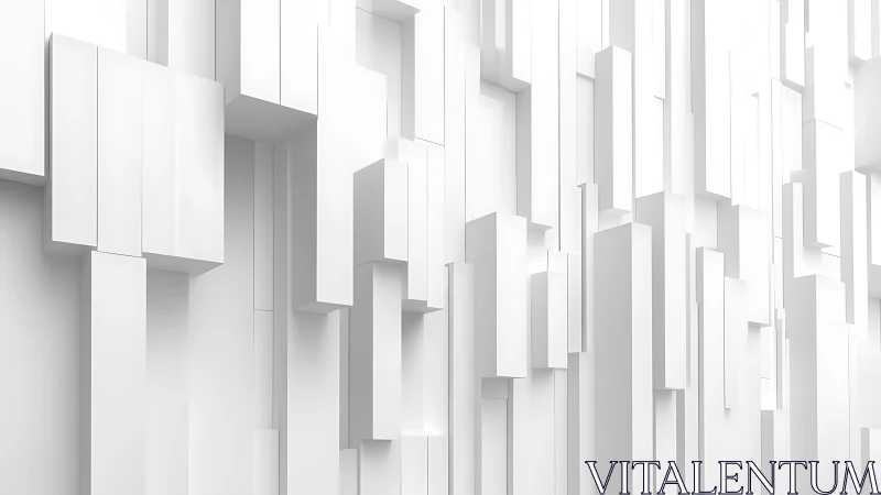 Minimalist white geometric wall with 3D rectangular panels, modern art.