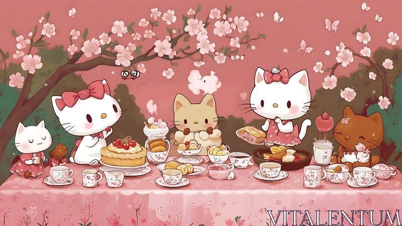 Cartoon cats at outdoor tea table under cherry blossoms.