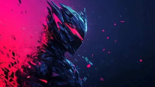 Cybernetic humanoid silhouette dissolves into glowing shards