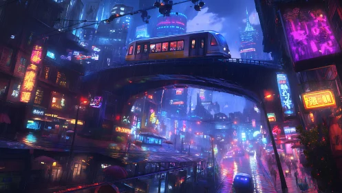 Neon rain-soaked cybercity with elevated tram crossing skyline.