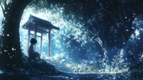 Noctilucent forest gateway with seated child under dappled light
