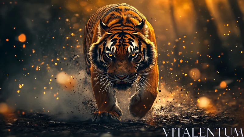 Tiger charges forward through glowing embers and dust