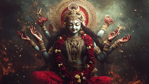 Radiant multi-armed goddess crowned in firelit splendor.
