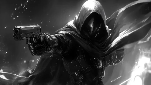 Shadowed gunslinger strides forward with windswept power