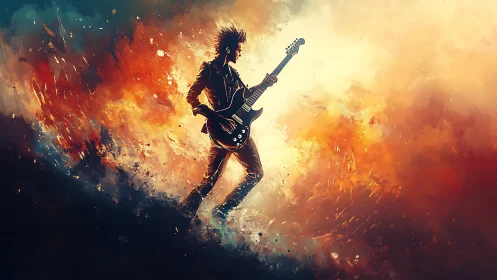 Digital painting of rock guitarist in explosive color field.