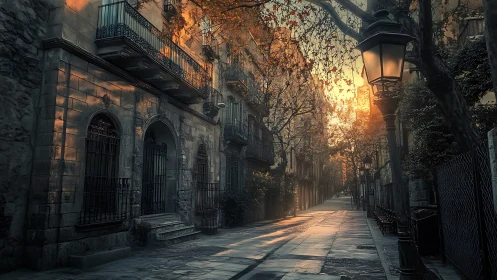 Golden hour light bathes a quiet old European street.
