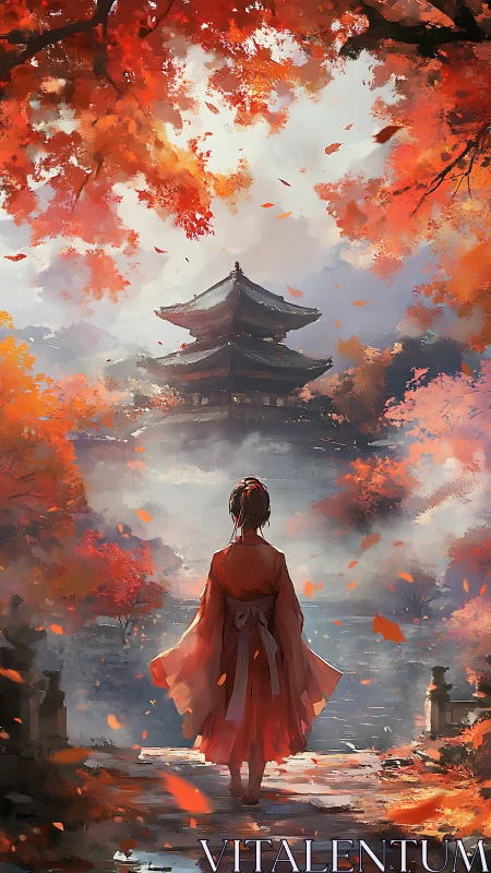 Figure in red kimono faces misty pagoda under autumn maples