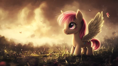 Sweet winged pony glowing in a dreamy golden meadow.